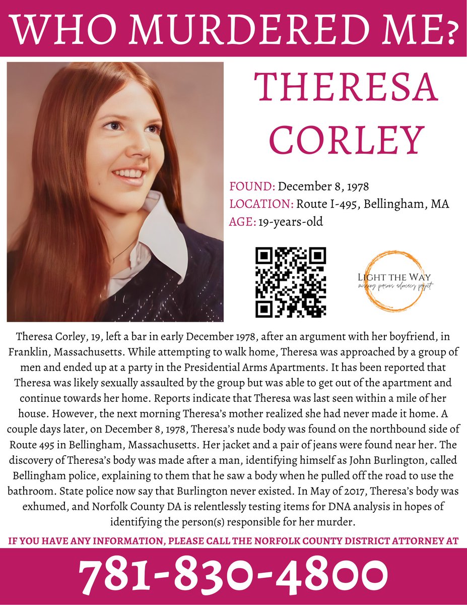 LightTheWay22's tweet photo. #TheresaCorley's case from Dec 1978 remains unsolved. Please call Norfolk County DA with any information at 781-830-4800 #TipTuesday https://t.co/AkOgJzv7sC