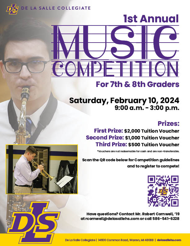 Hot off the press: De La Salle is launching a music competition for 7th & 8th graders! Thanks to music teacher Robert Cornwell, '19, for organizing this competition! Alums, if you know an aspiring musician or have any questions, please email Robert at rcornwell@delasallehs.com.