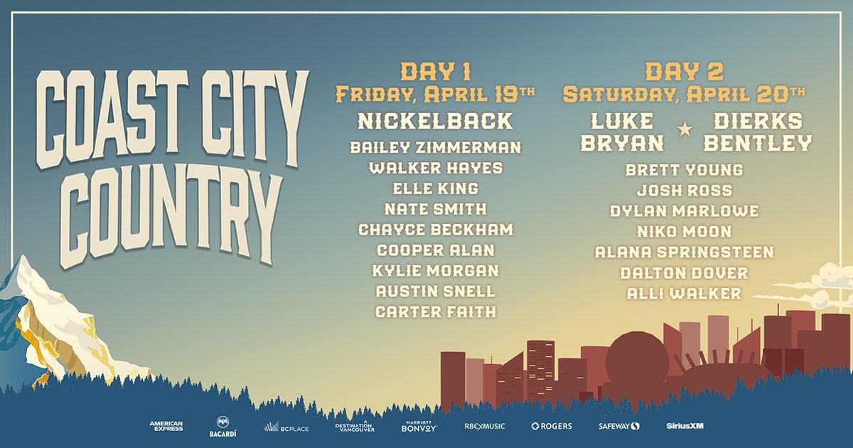 🚨Single Day tickets are ON SALE NOW! Time to round up your crew & get ready to take over the city 🏙️ with @nickelback @lukebryan @dierksbentley and more! Get yours 👉🎟️: coastcitycountry.com/tickets