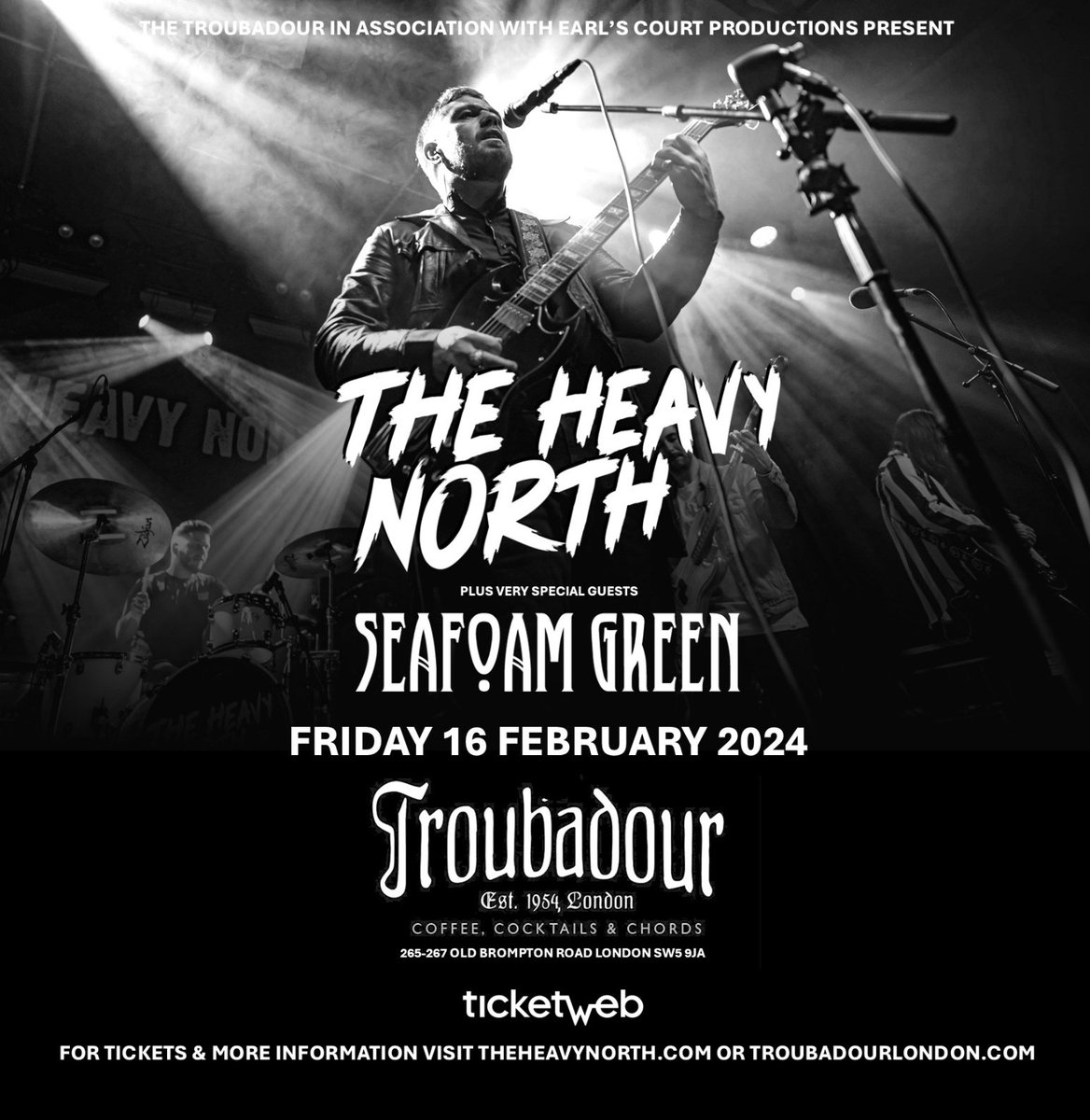 theheavynorth's tweet photo. ‼️ANNOUNCEMENT‼️

We're pleased to announce we'll be joined by very special guests @SeafoamGreenHQ at next month's long-awaited return to #London on Friday 16th February 2024 when we headline the legendary @TroubadourLDN in #EarlsCourt.  

@SeafoamGreenHQ are Irish songwriting duo @daveogradymusic and Muireann McDermott Long. The pair specialise in what we now call Americana. If you're into blues, gospel, and folk, check them out here: https://t.co/hT1uuftN1w

There's also LESS THAN 50 TICKETS LEFT, so book now via @TicketWebUK here: https://t.co/5F5YjCZacl