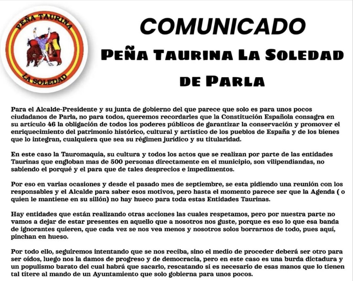 📝La <a href="/PTSoledad_Parla/">Peña Taurina La Soledad Parla</a> reclama al <a href="/AytoParla/">Ayuntamiento de Parla</a> justicia a un municipio con un gran historial taurino y un referente en la zona sur de Madrid.