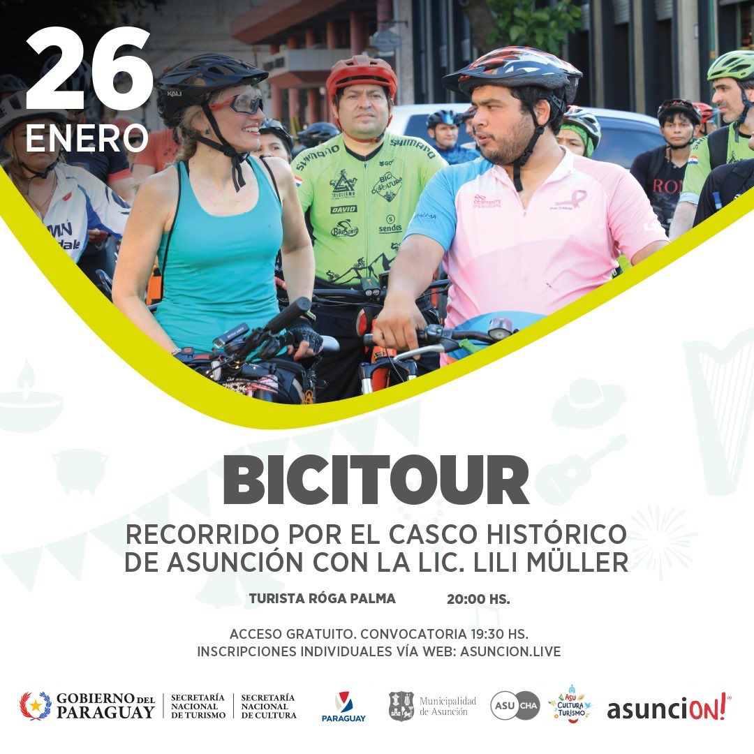 🚴🏻‍♀️🚴🏽 Un lugar, una historia: ¡Se viene la 2° Edición del BICITOUR en el CHA!

Te invitamos a recorrer y apreciar el Casco Histórico de Asunción en una visita guiada que te hará descubrir un lugar y una historia como nunca antes. 

#GobiernoDelParaguay #HayTodo #VeranoParaguay2024