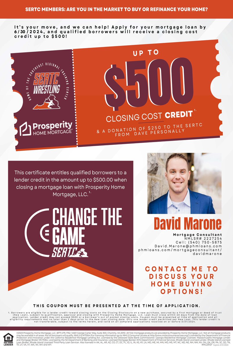 Continuing to Change the Game 📈

We're excited to announce a partnership with proud Hokies Wrestling alum - &amp; ACC Champ - David Marone! 

Contact him for all your home options &amp; support our SERTC athletes! (540) 750-5875 or David.Marone@phmloans.com

#ALLINALLTHETIME #Hokies 🦃