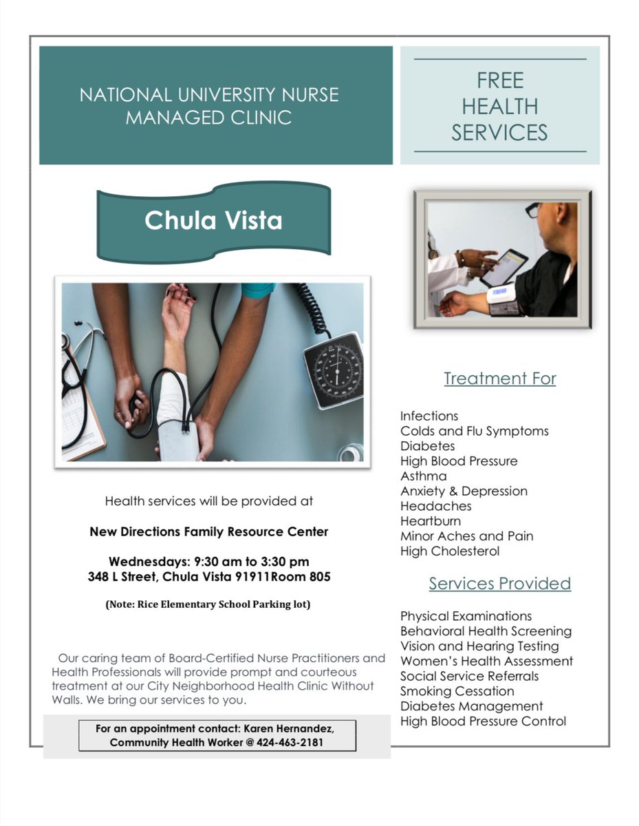 • FREE HEALTH SERVICES •
CVCC has teamed up with @NationalUniversity and have a Board-Certified Nurse Practitioner at New Directions FRC every WEDNESDAY from 9:30 am - 3:30 pm. No Medi-Cal needed🥼🩺
#ChulaVistaCommunityCollaborative #CVCC #ChulaVista #SouthBay #Health #Salud