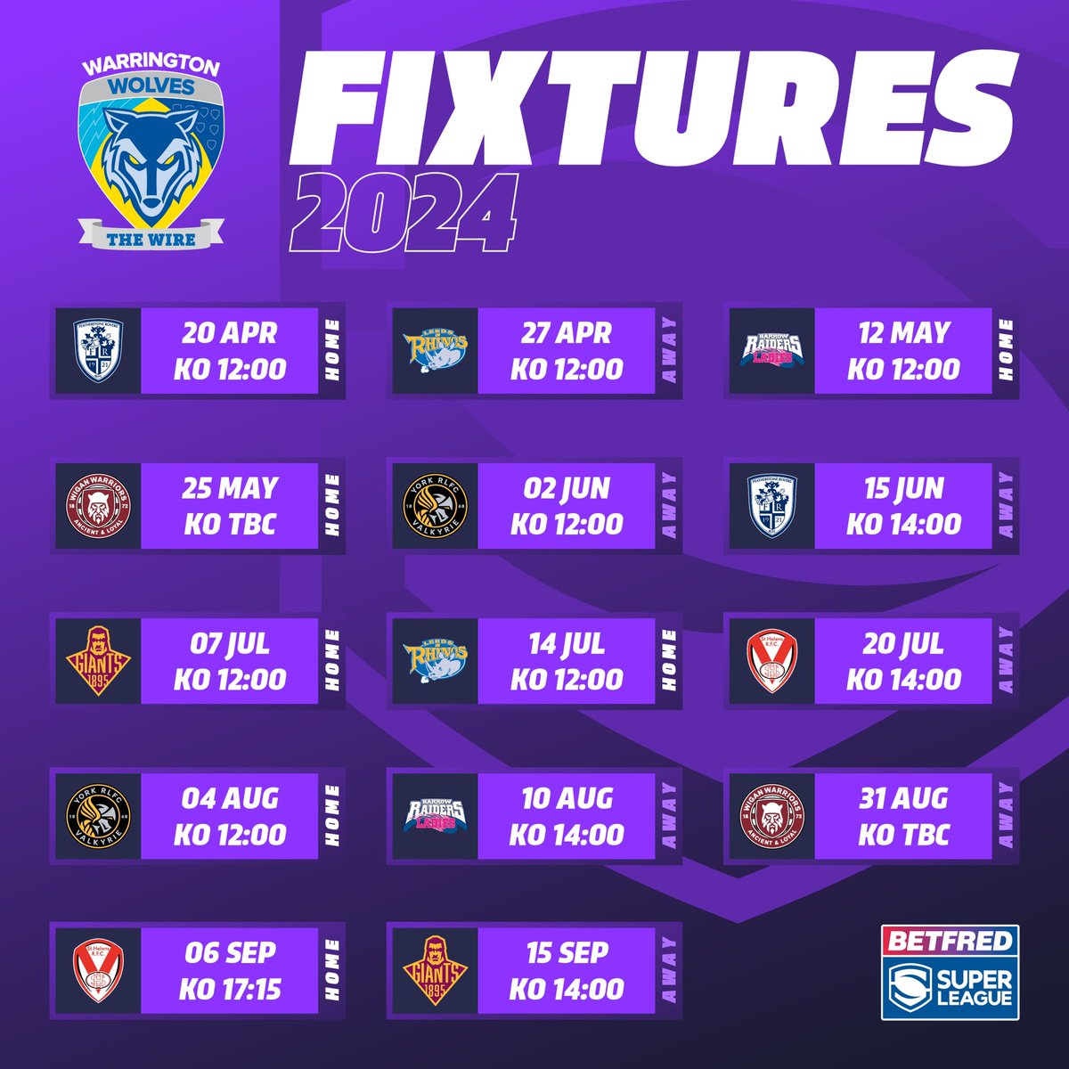⏳2024 INCOMING⏳

Our Betfred Women’s Super League fixtures have been confirmed!

With Head Coach Armani Sharrock starting the season with the newly promoted Featherstone Rovers!