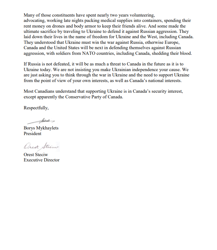 Yvan_Baker's tweet photo. See below a strongly worded letter sent to Pierre Poilievre, from the League of Ukrainian Canadians criticizing the Conservative Party leader's lack of support for Ukraine.
"If Russia is not defeated, it will be as much a threat to Canada in the future as it is to Ukraine today. We are not insisting you make Ukrainian independence your cause. We are just asking you to think through the war in Ukraine and the need to support Ukraine from the point of view of your own interests, as well as Canadaβs national interests. Most Canadians understand that supporting Ukraine is in Canadaβs security interest, except apparently the Conservative Party of Canada."
Despite the Conservative Party's lack of support, our government will not be deterred. We will stand with the Ukrainian people until they win - until we all win.
