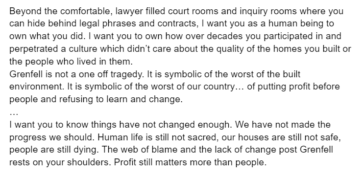 I can't really hope in a few short extracts to bring home the power of what Hanan Wahabi - who lost her brother, her sister-in-law and their three children at Grenfell - just said to the representatives of those responsible. But here are a few bits I've transcribed: