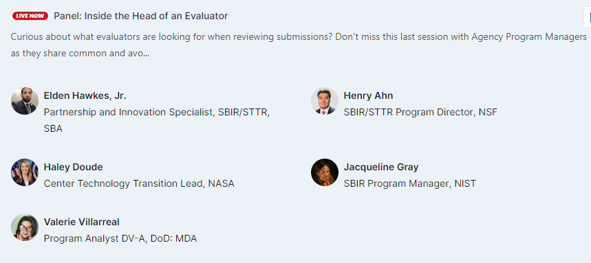 Starting now... 'Panel: Inside the Head of an Evaluator' as part of Day 2 of America's Seed Fund Week. Register to join for free at bit.ly/42erO8o #SBIR #STTR #SeedtheFuture