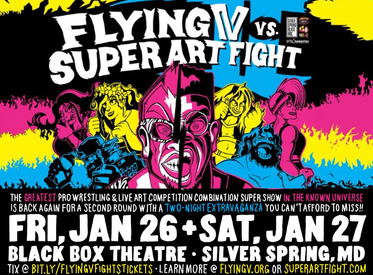 SuperArtFight's tweet photo. ARE YOU READY, SILVER SPRING!!!

TWO NIGHTS OF @SuperArtFight &amp; @FlyingVTheatre CHAOS HEADING YOUR WAY!

Make sure you don’t miss out!

🎟️: https://t.co/Wgdl4xnTRQ

#superartfight #flyingvfights #art #improv #prowrestling https://t.co/ngSSrac2v3