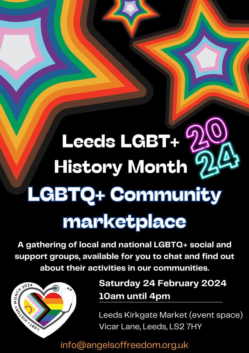 Hey #Leeds, as part of the LGBT+ history month 2024, our fabulous friends aka ‘Angels of Freedom’ are organising the LGBTQ+ #CommUnityMarketPlace on Sat 24/2 10-4⬇️⬇️⬇️in the events space @LeedsMarkets…Pop in! plse share, 4 more info email info@angelsoffreedom.org.uk