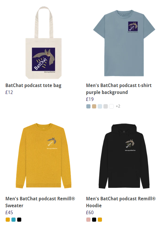 If you are a #BatChat fan, you can now buy a unique t-shirt, top or Tote bag that helps to raise funds for bat conservation and lets more people know about the #podcast bats.teemill.com/collection/bat…