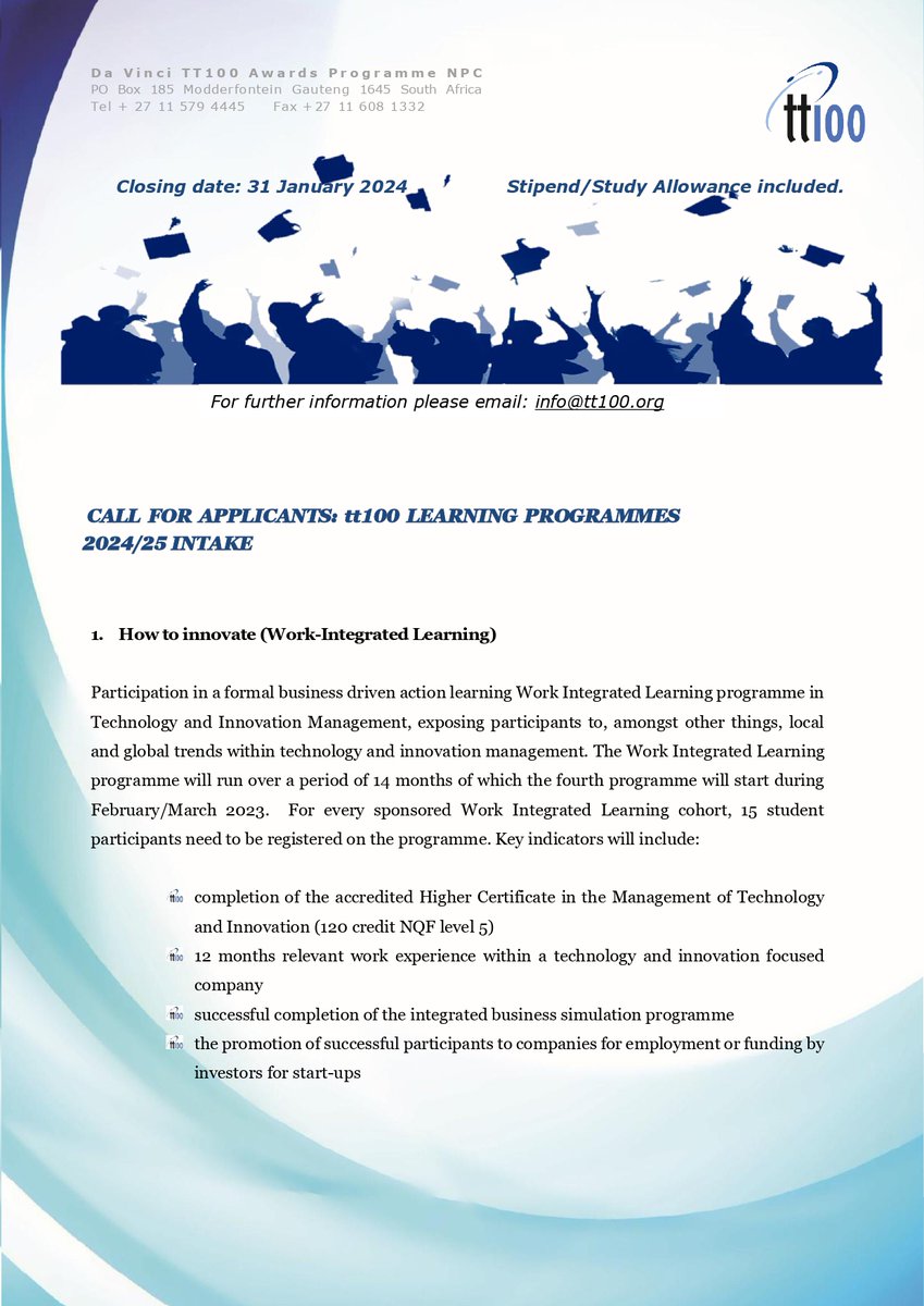 Fantastic chance awaits!

Explore the opportunity to engage in a structured business-driven Action Learning Work Integrated Learning Programme focused on Technology and Innovation Management. 

Check below for additional details...