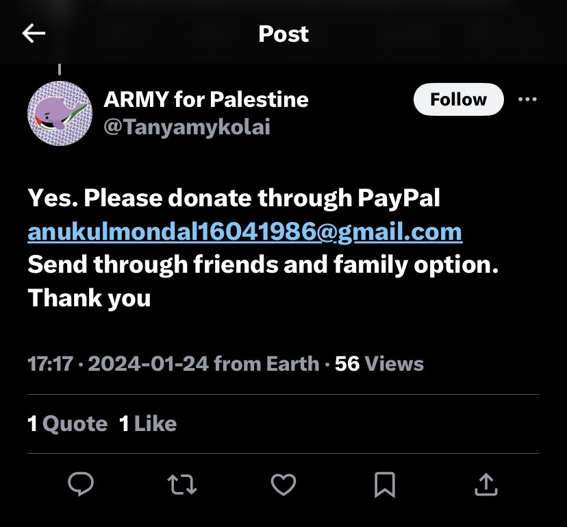 ARMY4Palestine's tweet photo. 🚨ARMY! 

this is NOT us! we have stated many times before that we don't ask anyone to donate directly to us when we do these donation drives.

please block and report this account for financial scams and for impersonation,  thank you.

https://t.co/nm1I7sBYju https://t.co/S683WhnE2I