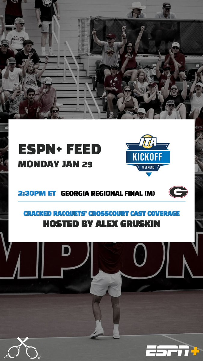 ITA Kickoff Weekend @CrossCourt_Cast Coverage Sun 1/28 Noon CR YouTube Channel ft @WHSVPeri @OhioStateMTEN Rg F @umichtennis Rg F @USCMensTennis Rg F Mon 1/29 230p ESPN+ Feed ft @AlGruskin @UGAtennis Rg F @ITA_Tennis • #ITAKickoff 5/5