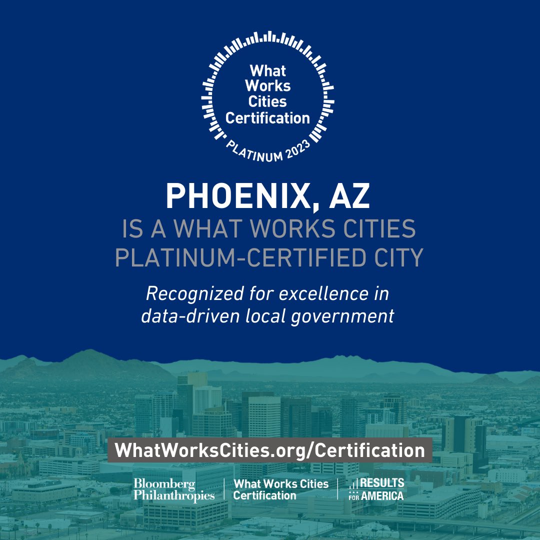 Way to go, Phoenix! We’re now a @WhatWorksCities Platinum-certified city. Thank you @WhatWorksCities @BloombergDotOrg and @Results4America being great partners in this journey. Phoenix is proud to be Platinum.