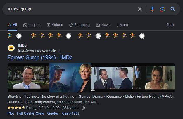 Forrest Gump'ın efsane koşusu Google'da canlanıyor! 🤔 

Google'da 'Forrest Gump' yazın ve aratın, bu harika anı yaşayın! #ForrestGump

Ne kadar süre sayfada kalırsanız, o kadar çok kişi katılıyor. 🏃‍♂️🏃‍♂️💨 #GoogleEasterEggs