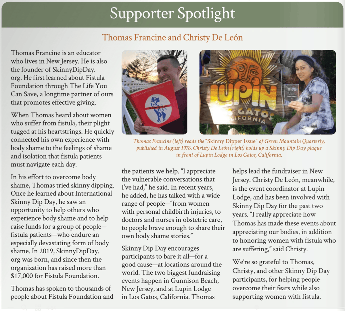 skinnydipday's tweet photo. 📣 Big News

Fistula Foundation recognizes our work — in their Fall 2023 newsletter 🗞

*And* they invite founder Thomas — and Skinny Dip Day organizers &amp; supporters — to meet their CEO 💚 Kate Grant 🤩

Kate has *cured* 80,000+ women from birth trauma &amp; horrific body shame ‼️ https://t.co/iXQf4IOTQB
