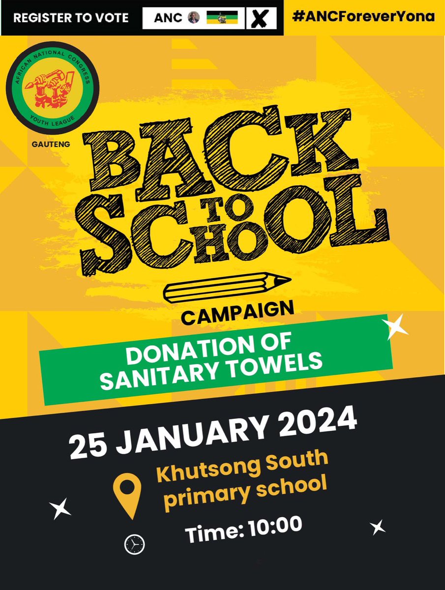 Be part of the ANC Youth League Gauteng Back to School Campaign tomorrow at Khutsong South Primary School! Join us at 10:00 as we contribute to our community by donating sanitary towels. 🖤💚💛
 #ANCYLGauteng 
#ANCYLatWork 
#BackToSchoolCampaign