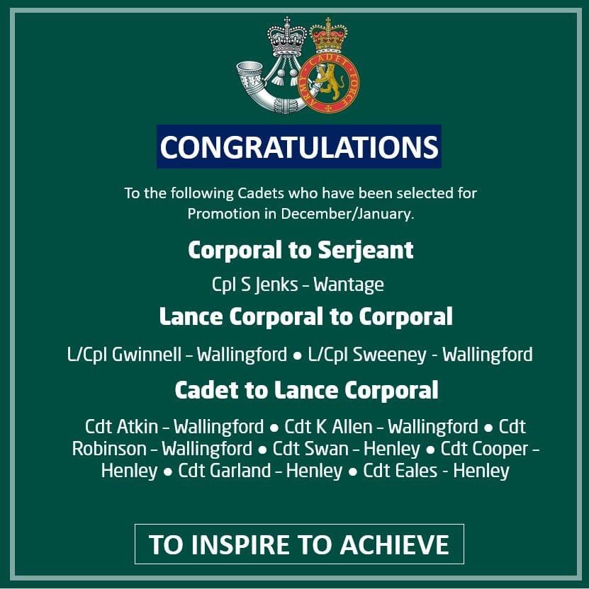 December/January Promotion

Well done to the following cadets who have been selected for promotion in December & January, amazing achievement by all.
Looking forward to seeing you all in your new roles! @Wallingfordtc @WantageCouncil @HenleyTCM 
#protmoions #upthenivelle