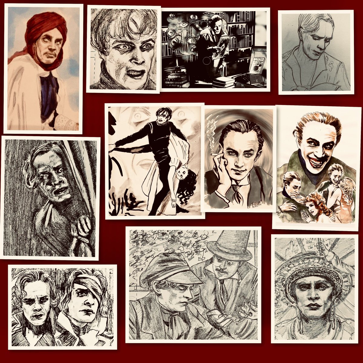 It was the great Conrad Veidt’s birthday this week. Some glimpses from my ongoing graphic novel here and announcing the new art gallery I am part of very soon!! #conradveidt #portraits