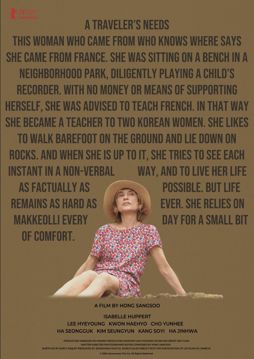The first poster for Hong Sang-soo's 'A Traveler’s Needs,' starring Isabelle Huppert.

Explore the full #Berlinale 2024 lineup: thefilmstage.com/berlinale-2024…