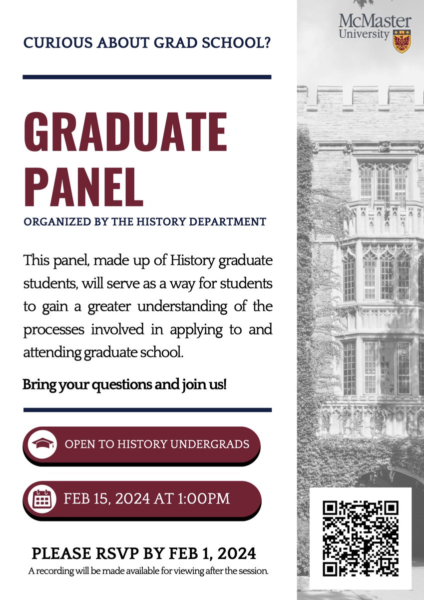 Curious about Grad School? A panel of grad students from the Department of History are ready to answer your questions in a discussion on February 15, 2024 at 1:00PM. Bring your questions and join us! RSVP at docs.google.com/forms/d/e/1FAI…