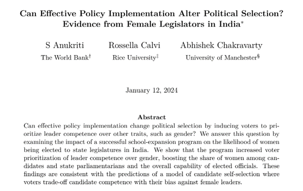 s_anukriti's tweet photo. Very happy to share a new working paper at the intersection of gender and political economy! This is joint work with @EconAbhishek and @rossella_calvi. 
A short 🧵below. Comments welcome!
Full paper here: https://t.co/7Bl2joTVby

@WBG_Gender @WorldBankIndia @wb_research https://t.co/nrvvrcKfZa
