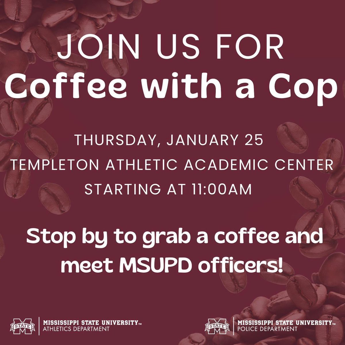 Join us tomorrow, Thursday, January 25th for the first Coffee with a Cop of the semester in the Templeton foyer. 

See you there! ☕️🐶