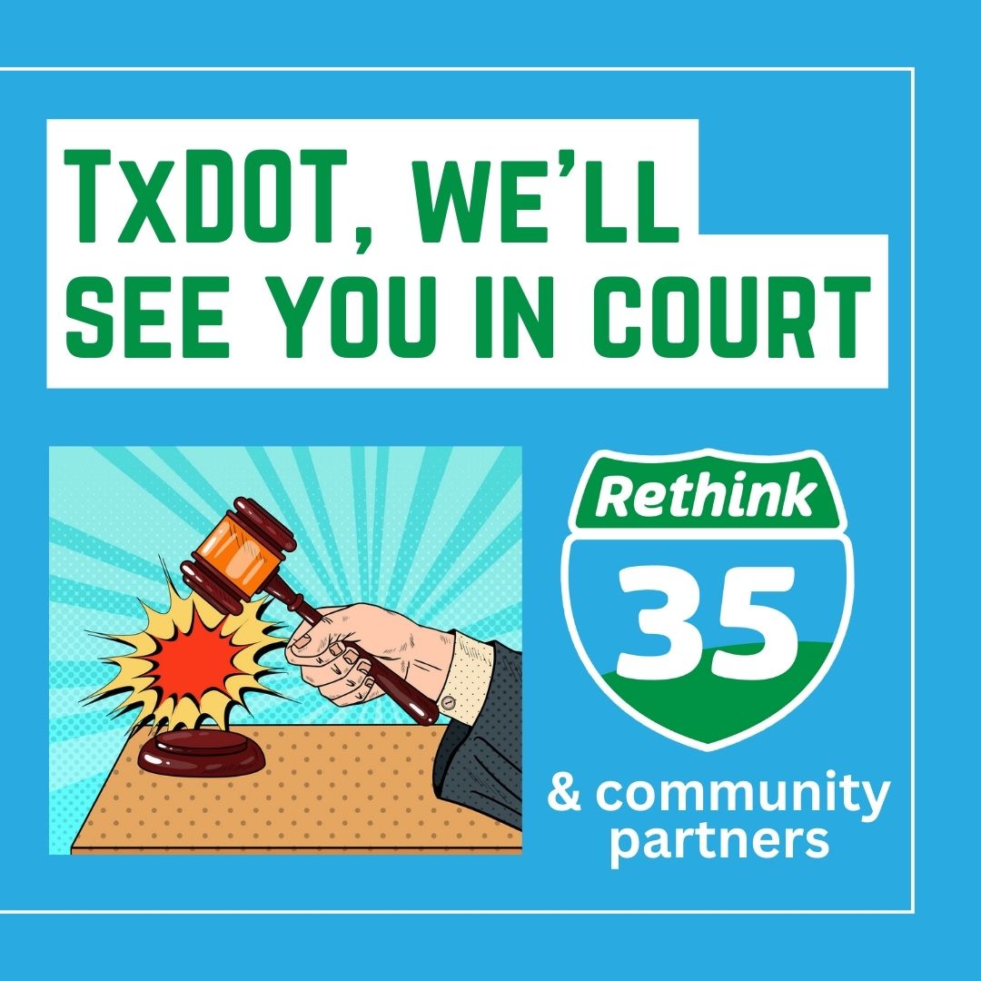 rethink35's tweet photo. The big announcement is finally here...

We're suing TxDOT over its proposed I-35 expansion!! 😆🎉😆

The lawsuit over the I-35 Cap Ex Central Project will be filed by the end of the week. Then, we will share more about our arguments &amp; diverse co-plaintiff coalition.

Get ready! https://t.co/jEpb7qaApx