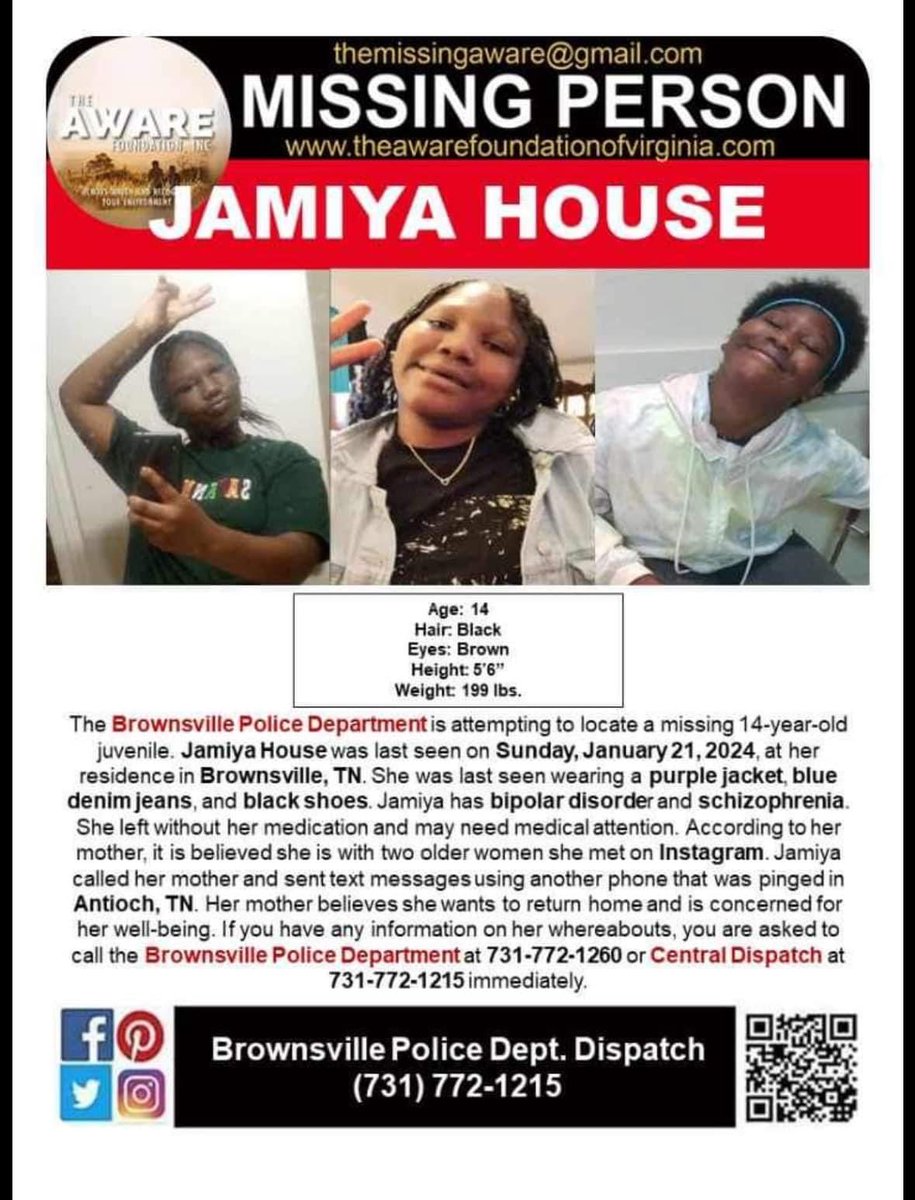 ‼️@TBInvestigation This child needs an ECA! The Brownsville PD is attempting to locate a missing 14-year-old Jamiya House. She was last seen on Jan 21, at her residence in Brownsville, #Tennessee. She has bipolar disorder and schizophrenia and left without her meds. Her mother…