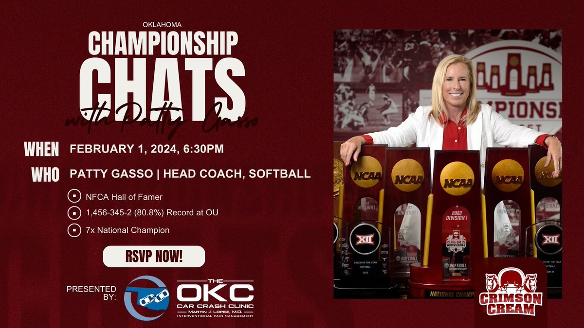 🚨 Are you as excited for the @ou_softball season to begin as we are⁉️ Join us on February 1st with our Inaugural Championship Chats Live Stream with Head Coach @GassoPatty , presented by OKC Car Crash Clinic! 🥎🏆