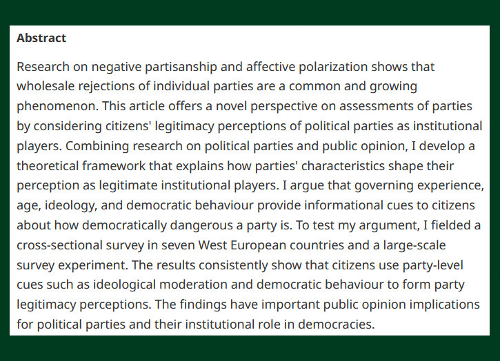 #OpenAccess from our latest issue - When Do Citizens Consider Political Parties Legitimate? - cup.org/3GY7ApP - @AnnKristinKolln