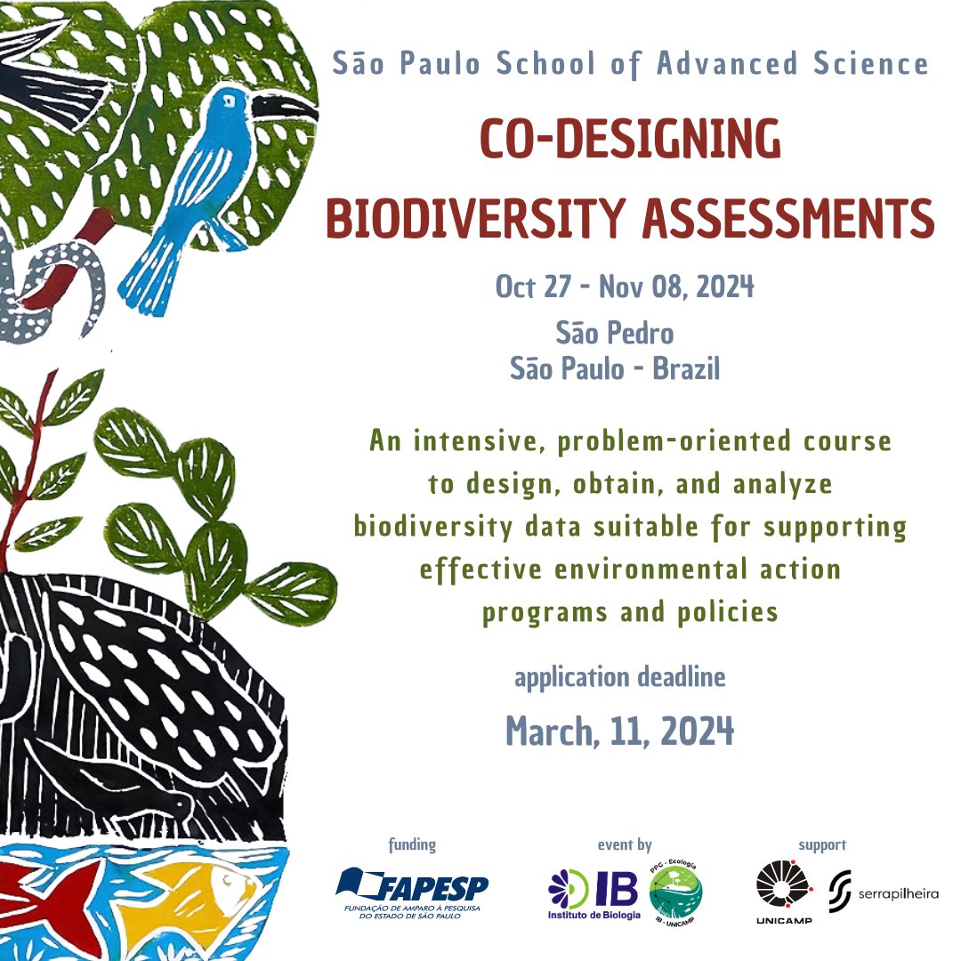Registration is open for the São Paulo School of Advanced Science on "Co-designing Biodiversity Assessments"!

More information at: espca.ib.unicamp.br