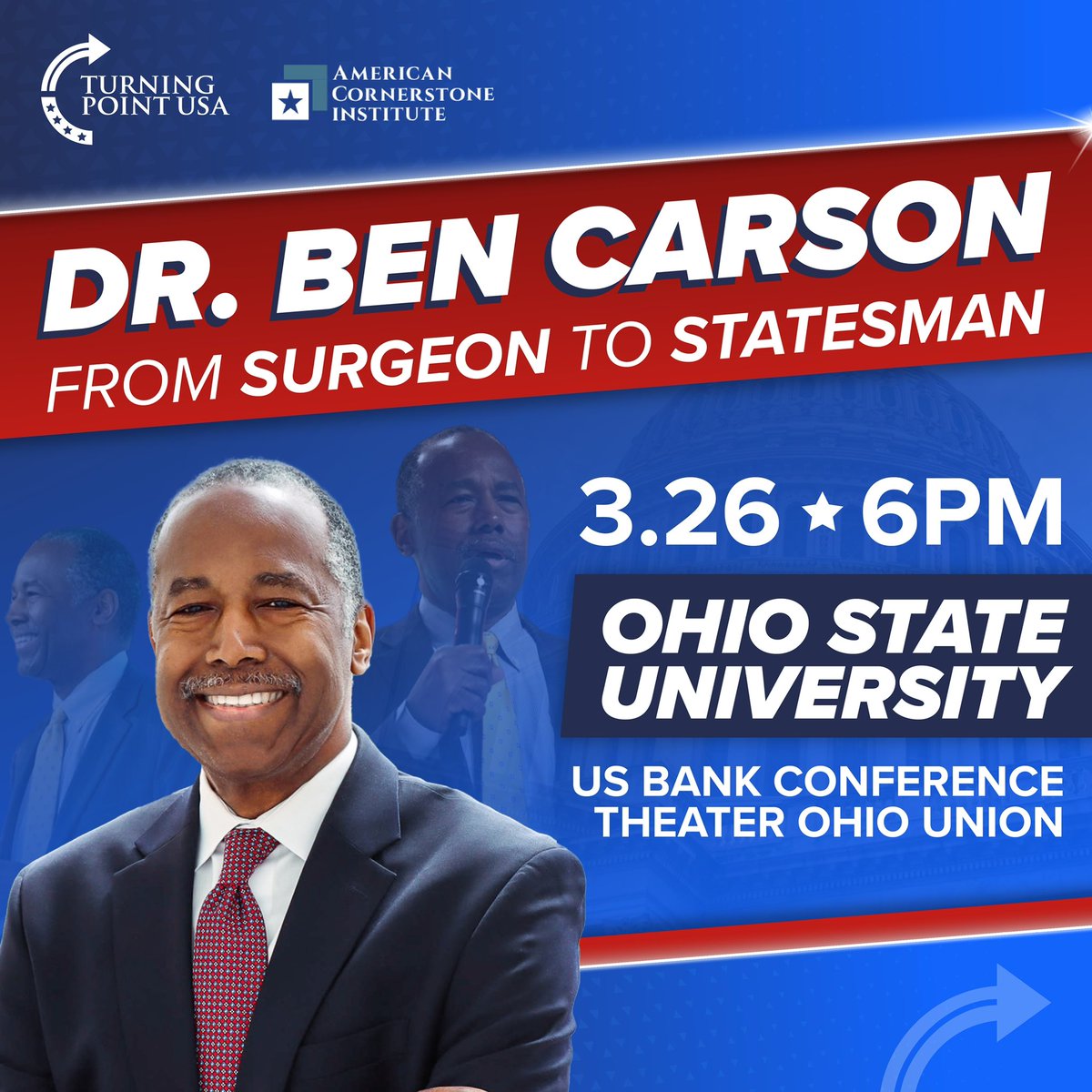 We are excited to announce Dr. Ben Carson is coming to campus March 26th at the Ohio Union! SEE YOU THERE! <a href="/RealBenCarson/">Ben & Candy Carson</a> <a href="/TPUSA/">Turning Point USA</a> <a href="/tpusastudents/">TPUSA Students</a>