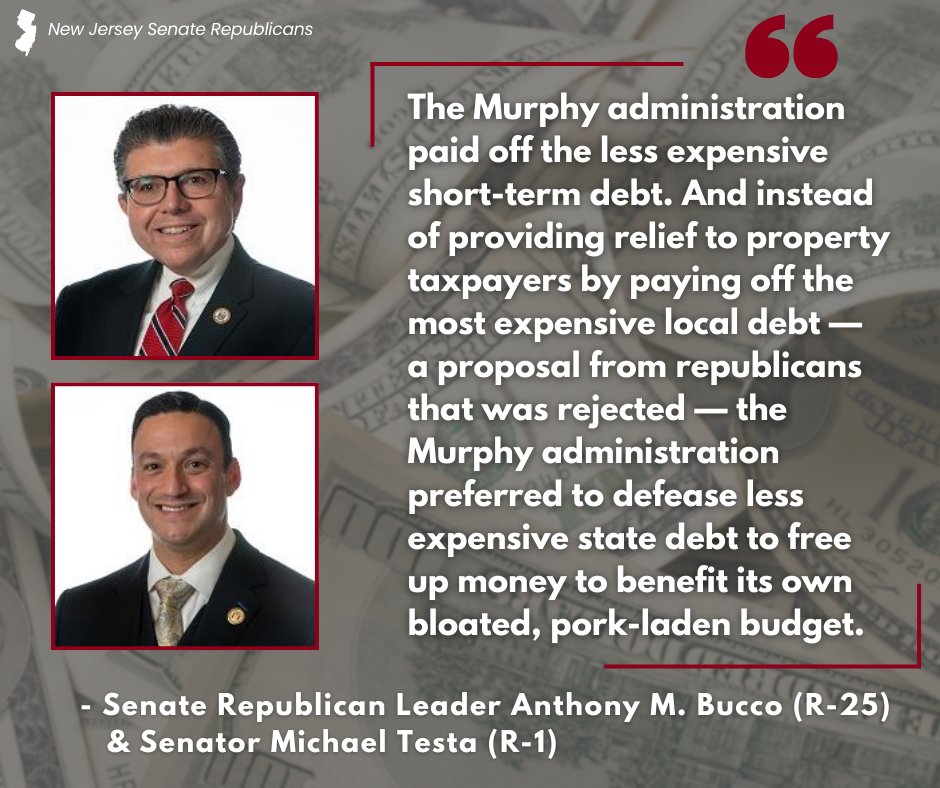 .@SenatorTesta and I issued a joint response following the Murphy admin’s effort to retire outstanding State debt. The governor’s announcement is a wasted opportunity to avoid new taxes and new debt, and is, frankly, poor stewardship of taxpayer dollars. thecentersquare.com/new_jersey/art…