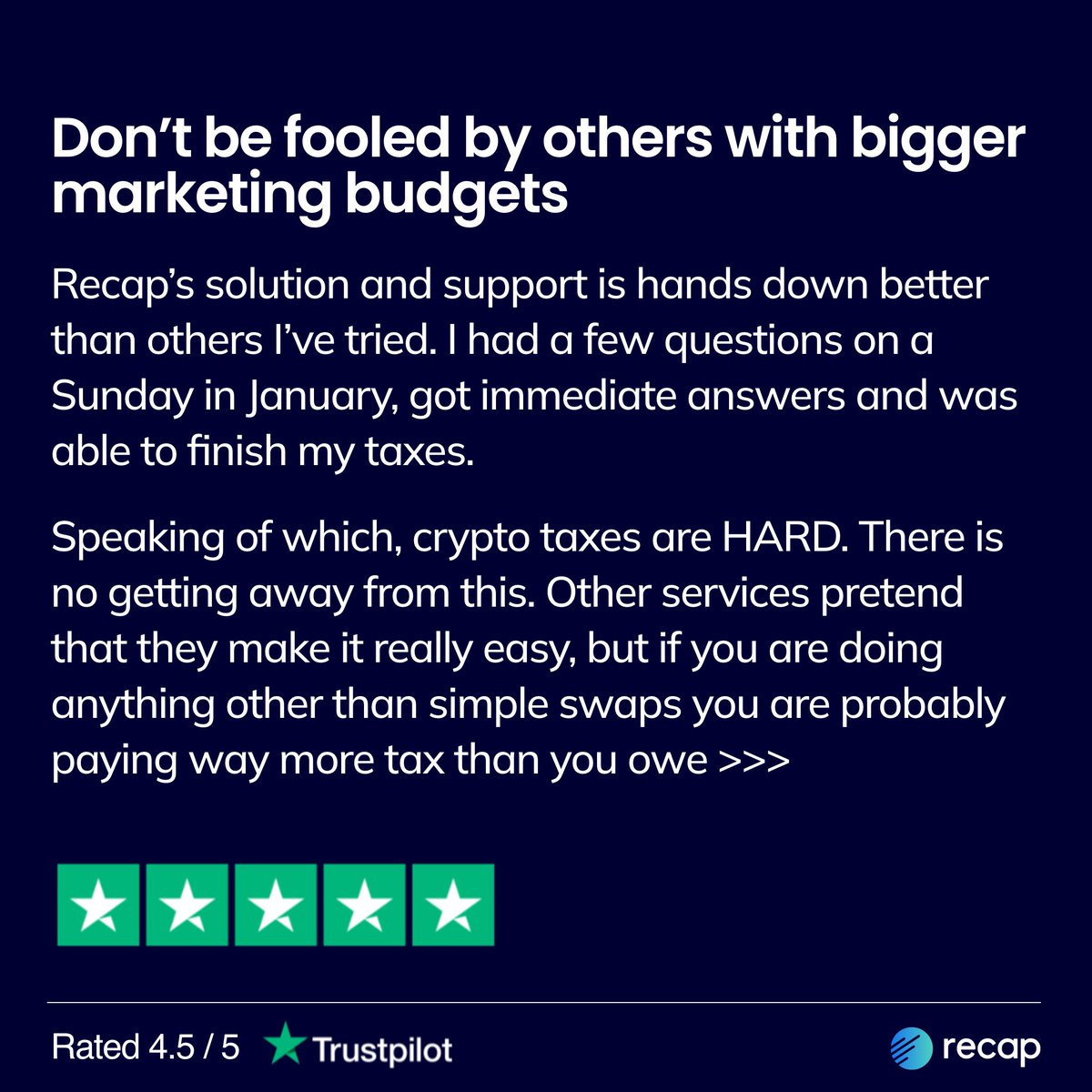 recap_io's tweet image. 🌟 The truest review we ever read! 🌟
If you&apos;re struggling with #CryptoTax or can&apos;t decide on a #CryptoTaxCalculator then drop us a message.