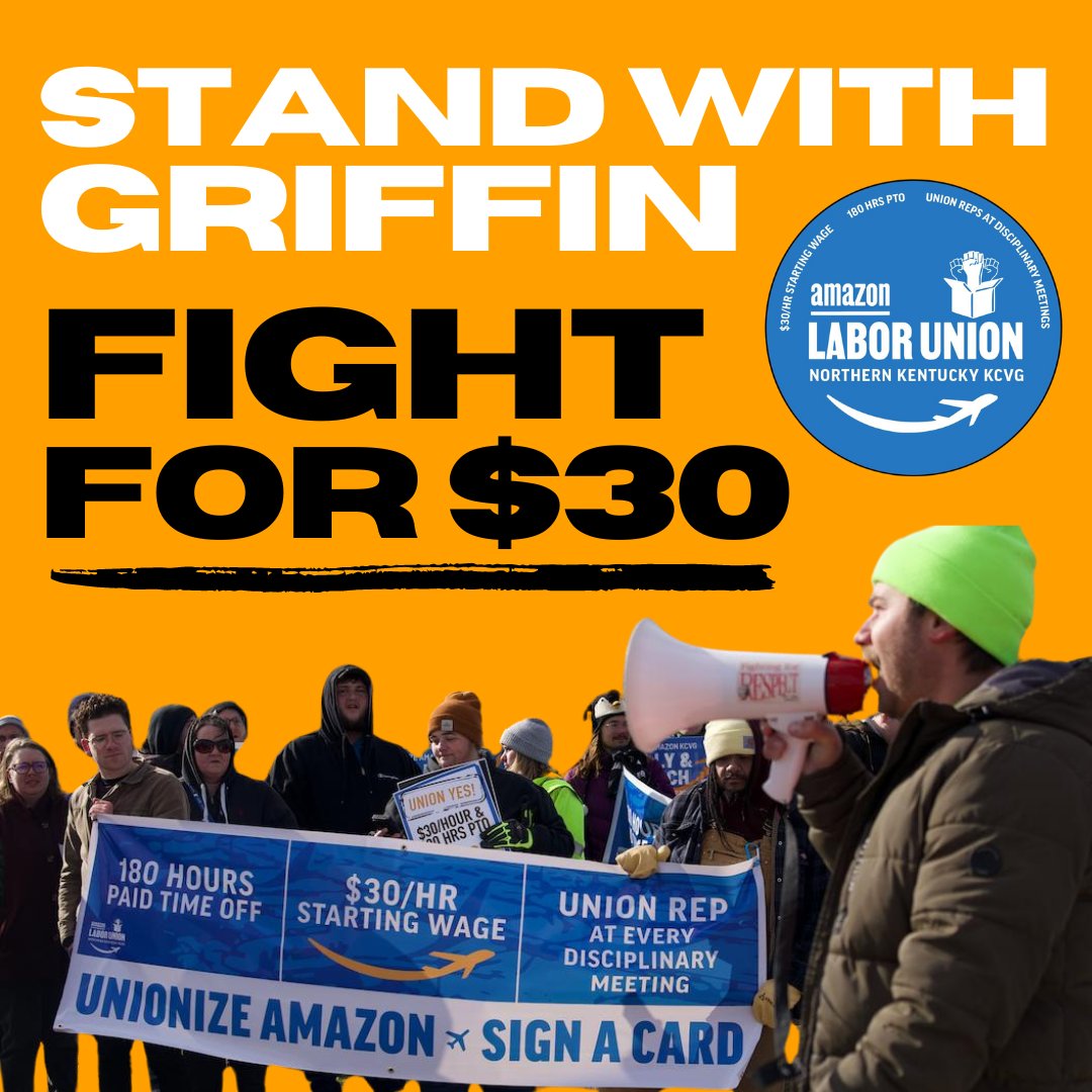 AmazonUnionKCVG's tweet image. Our union is growing &amp;amp; Amazon is getting desperate to slow us down.

Yesterday Amazon fired Griffin Ritze, one of the earliest members of ALU-KCVG.

It won’t work. Griffin isn’t done fighting for $30 and neither are we.

STAND WITH GRIFFIN, FIGHT FOR $30

unionizeamazonkcvg.org/donate