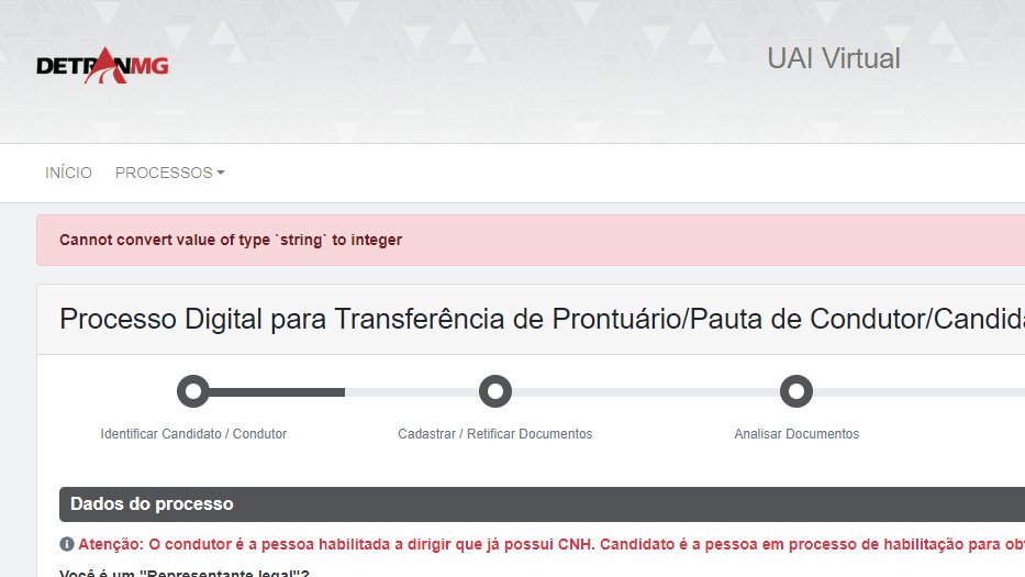 LucioBig's tweet image. Ei, @Detran_mg 
Corre aqui!!!

Dá uma olhada nesse erro: "cannot convert value or type "string" to integer"

Há uma semana tá assim e com isso não consigo transferir o meu prontuário do DF.

Ajuda!!!!!!