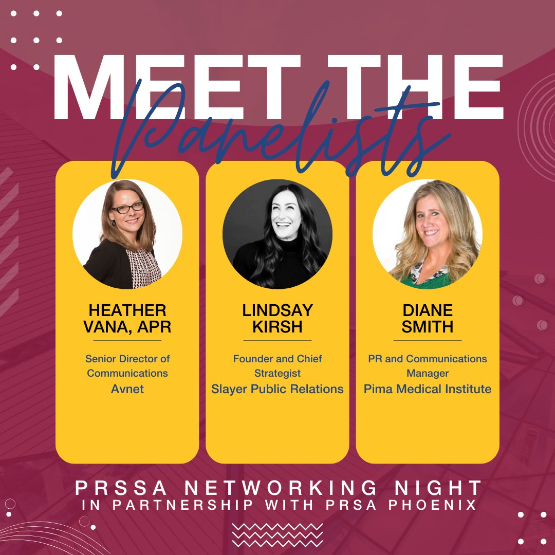 📌 Meet our Networking Night panelists: Heather Vana, Lindsay Kirsh, &amp; Diane Smith!

📌 Don’t miss out on hearing from these amazing professionals!

📌 Only a FEW spots to sign up for the PRSSA Networking Night!

RSVP at: bit.ly/PRSSANetwrkNig…
