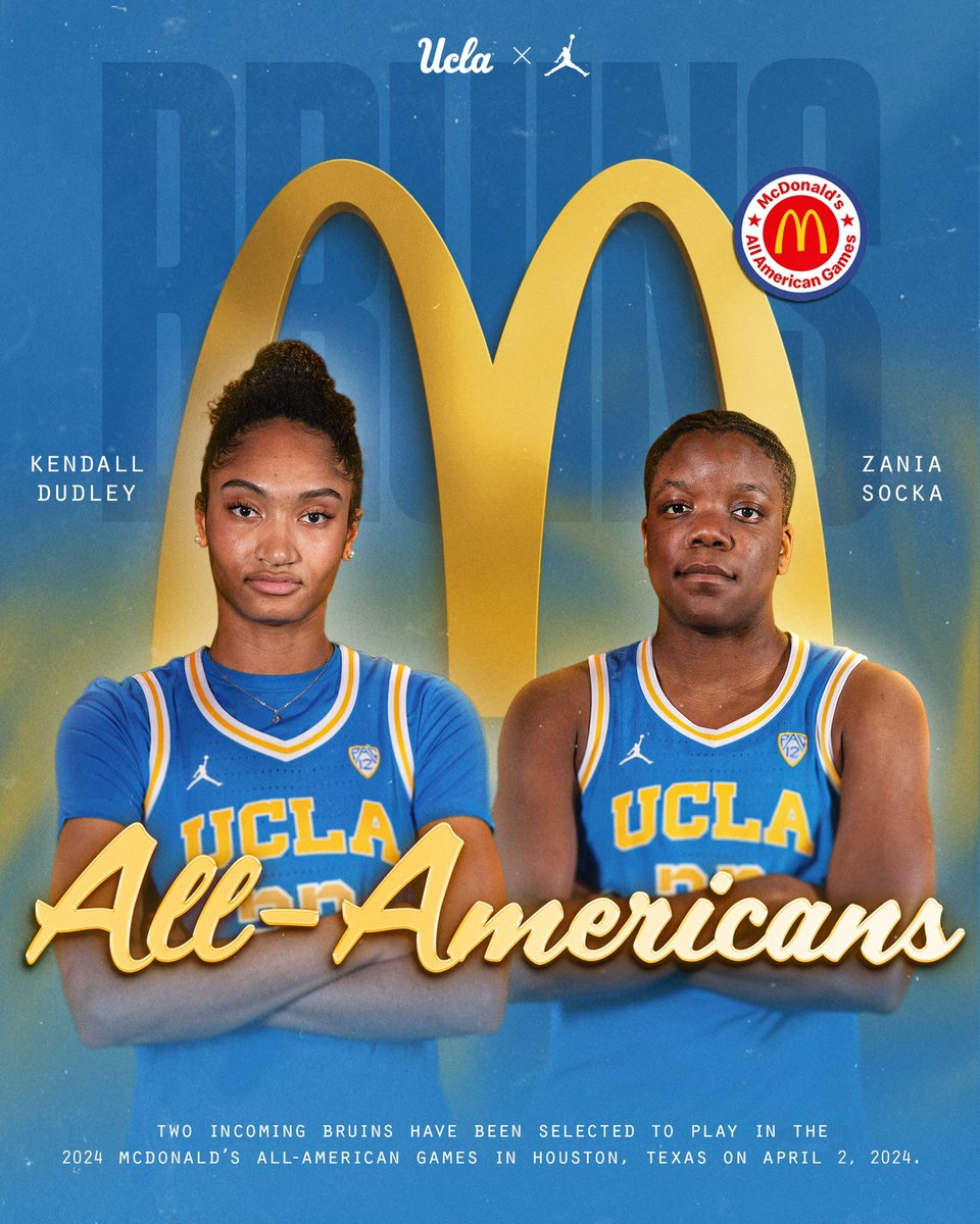 𝗪𝗲’𝗿𝗲 𝗹𝗼𝘃𝗶𝗻𝗴 𝗶𝘁! 🍟 Kendall Dudley and Zania Socka will represent the Bruins on the East team at the 2024 McDonald’s All-American Games! 🗓️: Tuesday, April 2 | 📍Houston, Texas 📺: @espn 2 | 3:30 pm PT #GoBruins