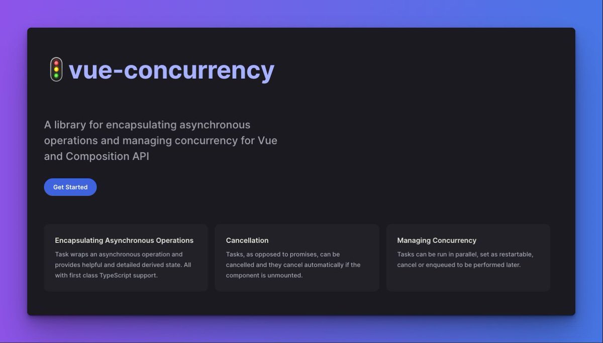 Mokkapps's tweet photo. 🛠️ vue-concurrency

👉🏻 It provides an abstraction for performing async operations in Vue. 
👉🏻 It helps reduce boilerplate code and allows new approaches to techniques like throttling, debouncing, and polling. 

https://t.co/eP5Nlljrq0 https://t.co/GOZZzzqI8D