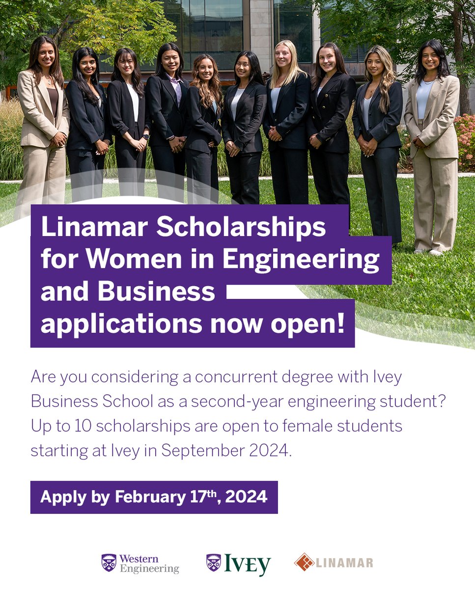 westernuEng's tweet photo. Apply by February 17th for the @LinamarCorp  Scholarships supporting women in engineering. Up to 10 scholarships await aspiring female students starting at @iveybusiness in September 2024.
Apply here: https://t.co/jKtCXxgoMg https://t.co/7PbdHv1Rnq