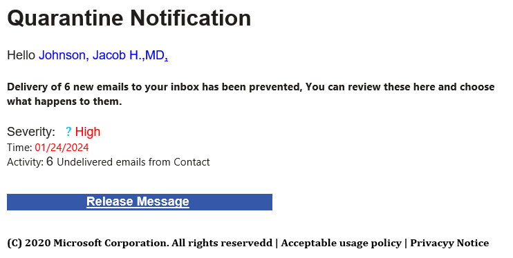 Dear Phishing email, if you could actually quarantine 600 emails, that'd be great.