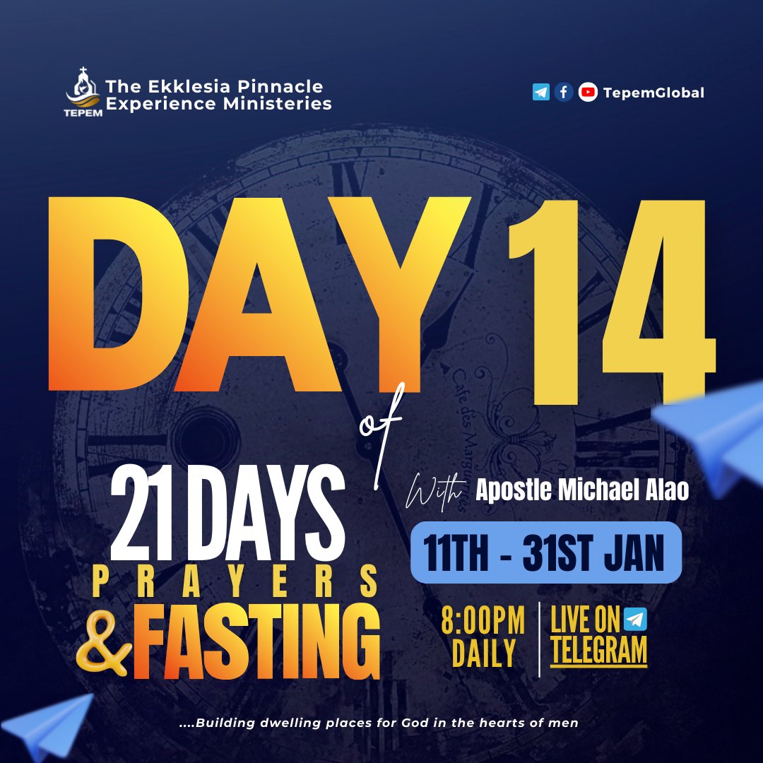 TEPEMGlobal's tweet photo. DAY 14 OF 21 DAYS FASTING AND PRAYERS | JAN 24TH 2024 

We will be praying for:
➡️INTIMACY WITH THE HOLY SPIRIT
 (2 Cor 13:14, 2 Tim1:7, Rom 5:5, Isa 64:1-4, 2Cor 1:22, 2 Cor 5:5, Eph 3:16-18, Eph1:13-14)

🔴WE ARE LIVE 

https://t.co/r71e0uCP7o https://t.co/o0o9OjNU5M