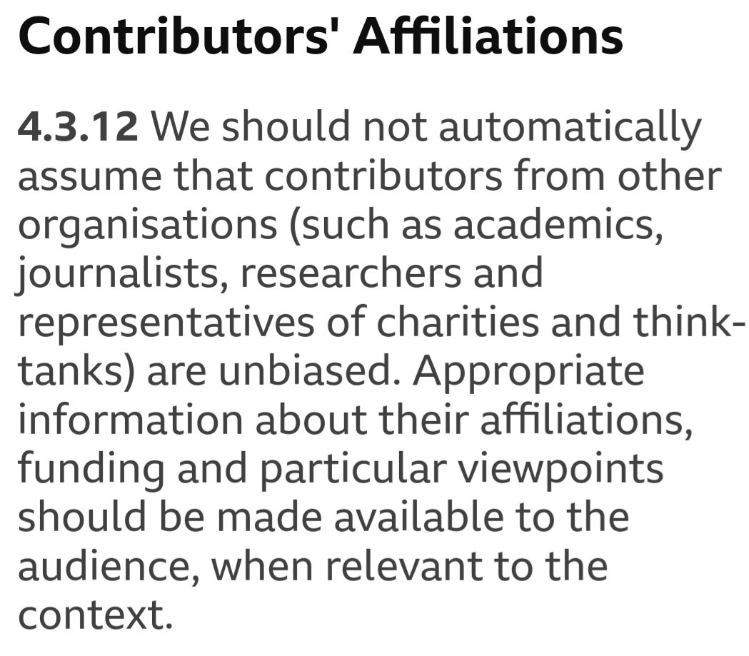 Thanks everyone for your kind comments about my attempt to hold the representative from the Institute of Economic Affairs to account on #PoliticsLive today. But it shouldn't be up to guests to ask who funds them. Here is the Editorial Guideline, which the BBC flouts every day.