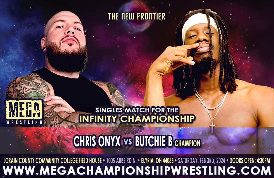 MegaWrestling's tweet photo. MEGA MAFIA The Elite Athlete Butchie B defends the Infinity Championship against Chris Onyx ! The New Frontier Feb 3 . Front Row sold out ! General admission available at https://t.co/CXZg3xmLv1 https://t.co/1sB2rb5asx