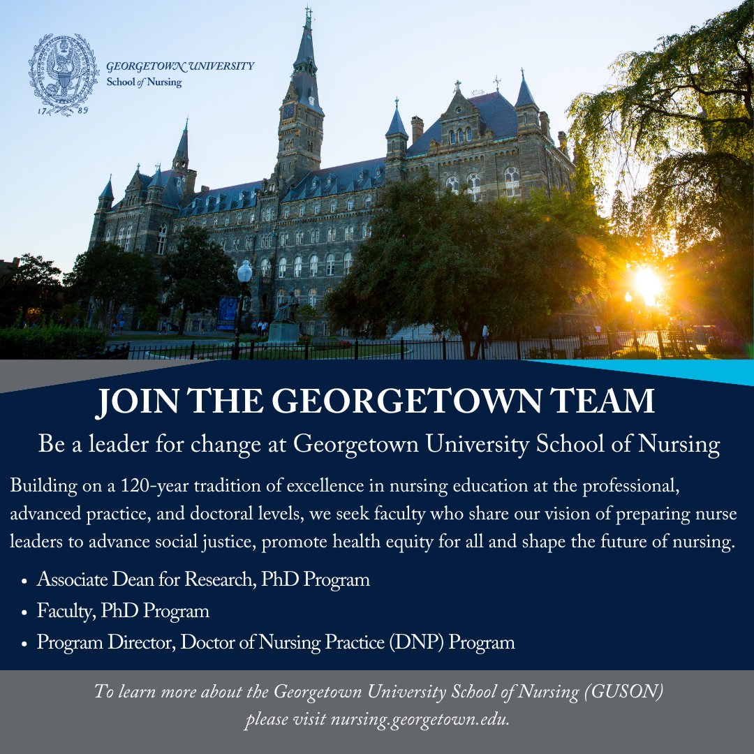 Be a leader for change. Join our faculty team! Building on a 120-year tradition of excellence in nursing education, we seek faculty who share our vision of preparing nurse leaders to advance social justice, promote health equity, and shape the future. nursing.georgetown.edu/about/careers/