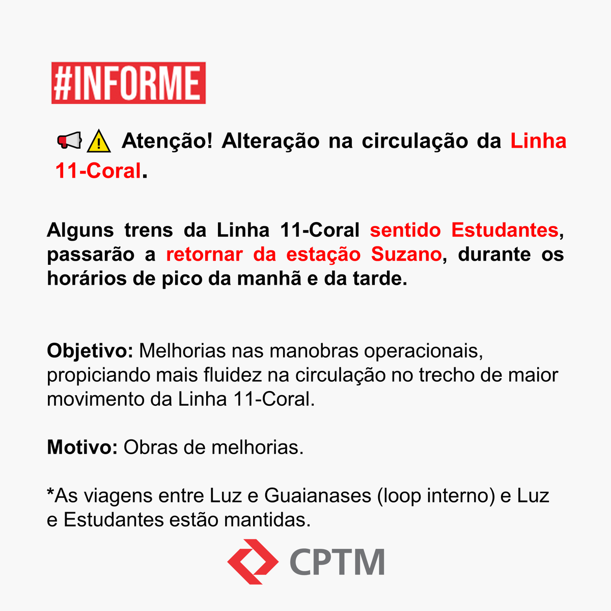 CPTM_oficial's tweet photo. #InformeCPTM - Atenção! Alteração na circulação da Linha 11-Coral. https://t.co/PsNfFRhKfE