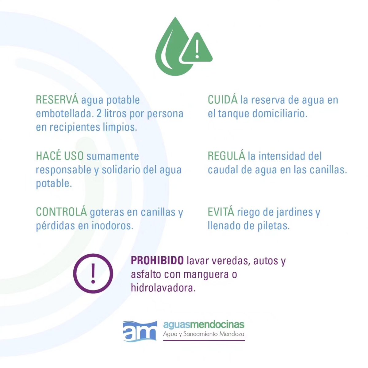 💧Hacé uso responsable y solidario del agua potable las 24 hs, durante todo el año. 🌡En función de las #AltasTemperaturas pronosticadas dejamos algunas recomendaciones. 👇