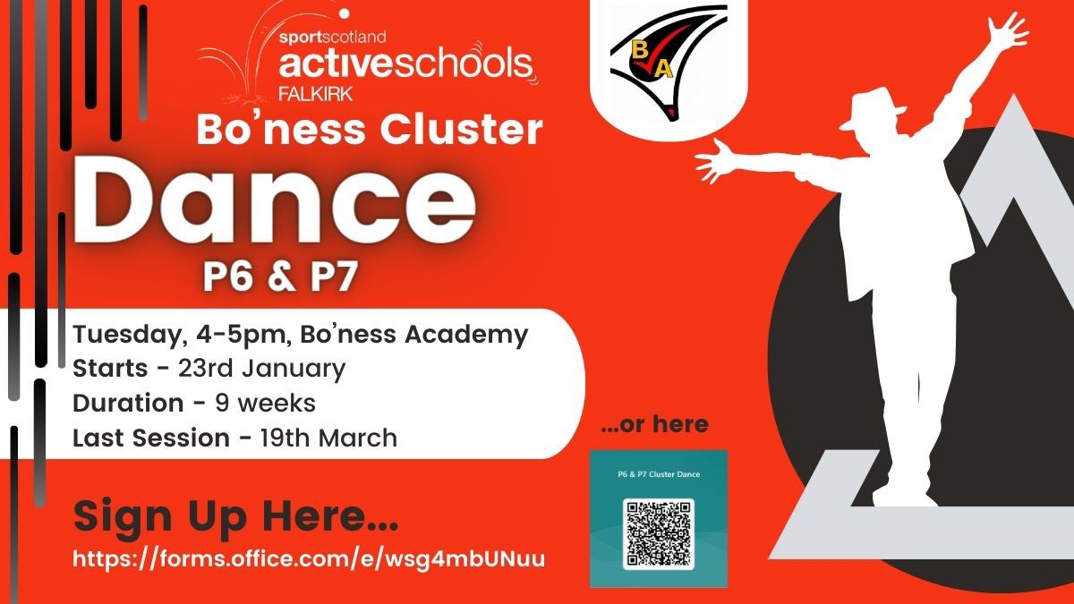 We had a great 1st session of Cluster dance yesterday with our fabulous Dance Captains, Charlotte &amp; Suzy! 🕺💃

You have until Monday 29th January to sign up if you wish to be part of #TeamBoness and take part in the showcase in March!

Sign up details below 👇

<a href="/Boness_HWB/">Bo'ness Academy - PE</a>